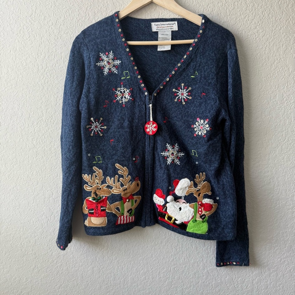 Tiara International Holiday Cardigan with Reindeer and Snowflakes